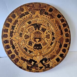 Vintage Alfonso Jurado e Hijos 12.5" Aztec Sun Stone Wood Mosaic